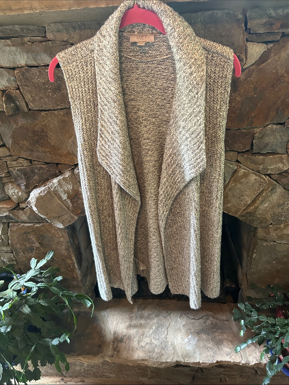 LOFT Open-Front Sleeveless Draped Cardigan Vest Gray & White; Size Small; Soft!